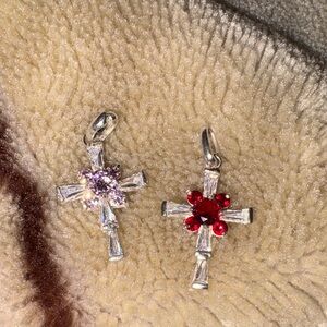 Elegant Silver Cross Pendant Set with Red and Purple Stones